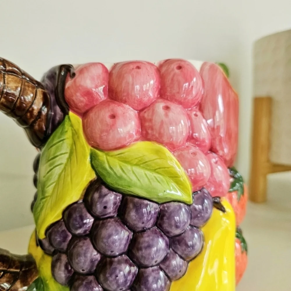 Vintage Handcrafted Pier 1 Imports Majolica Ceramic Fruits Design Pitcher 7